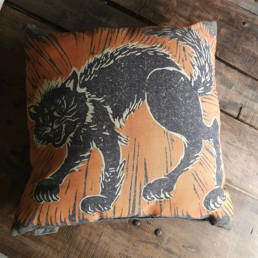 Pottery Barn Halloween Scaredy Black Cat Throw Pillow Orange Print 20